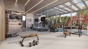 Academia ampla by Tecnogym com pé direito de 3,60m e paredes de vidro de frente para piscina. Muito conforto visual e abundante iluminação natural.