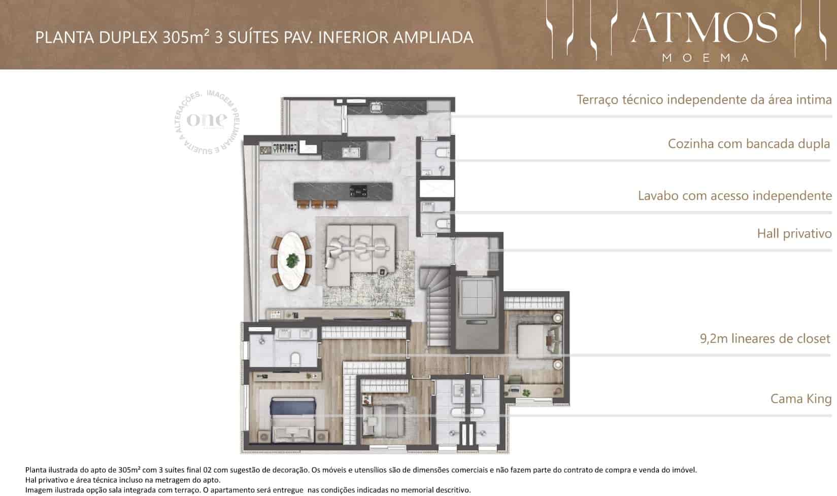 Planta do pavimento inferior do duplex de 305m², com 3 suítes, no Atmos Moema. Suíte principal com 9,2m lineares de closet. Excelente divisão de planta com separação das áreas íntima, social e serviço. Hall privativo e contempla varanda gourmet, banheiro de serviço, lavabo e área técnica totalmente separados dos demais cômodos.