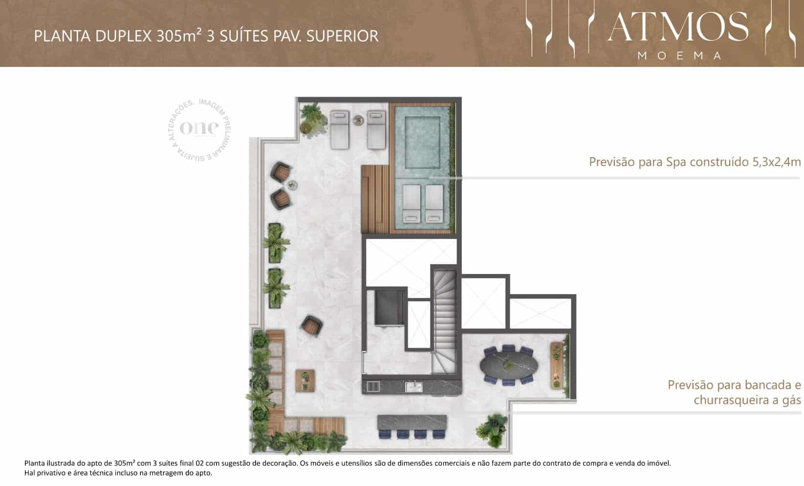 Planta do pavimento superior do duplex de 305m² no Atmos Moema com infraestrutura para instalação de churrasqueira e jacuzzi ou spa de 5,3mx2,4m.