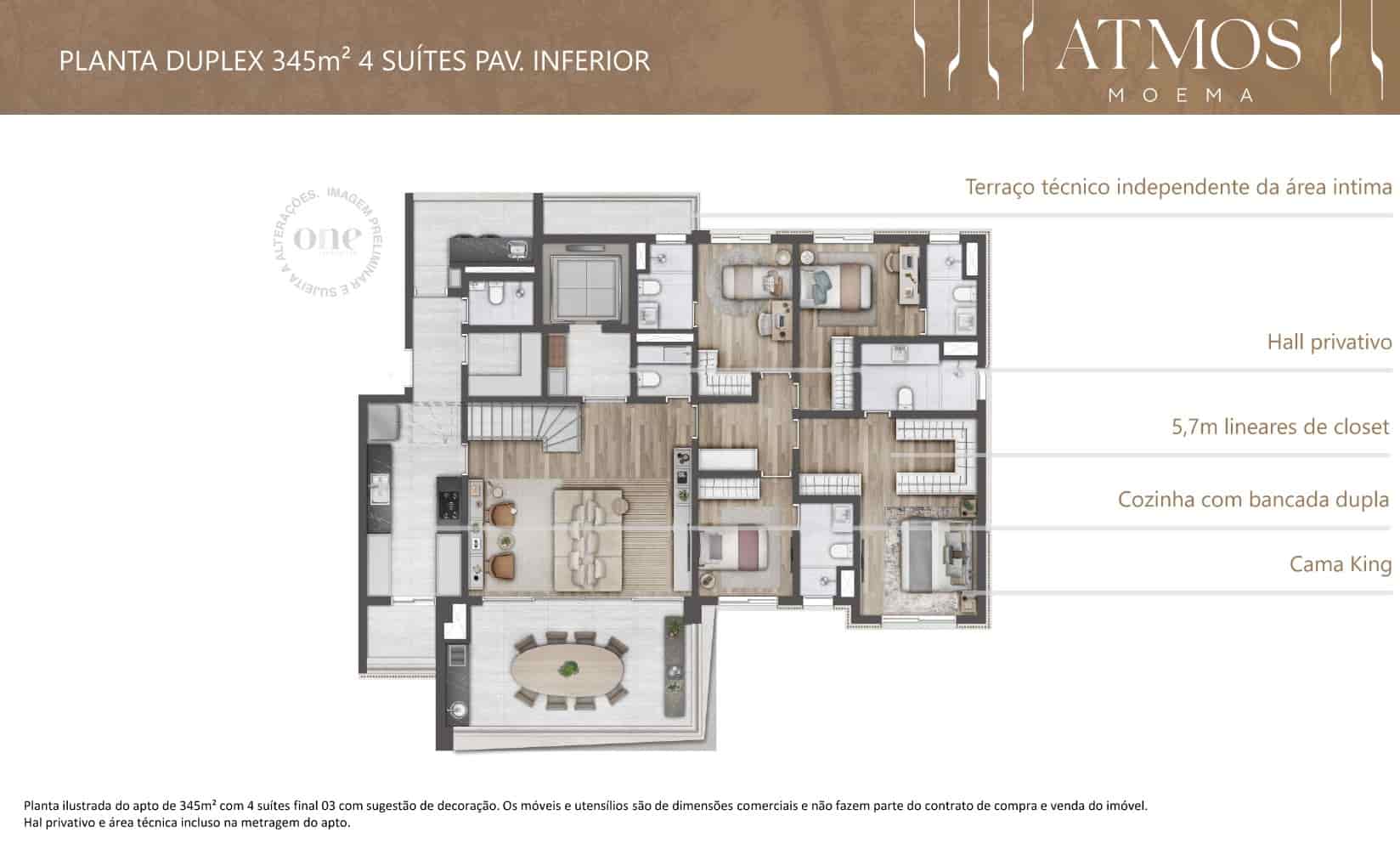 Planta do pavimento inferior do duplex de 345m², com 4 suítes, no Atmos Moema. Suíte principal com 5,7m lineares de closet. Excelente divisão de planta com separação das áreas íntima, social e serviço. Hall privativo e contempla varanda gourmet, despensa, banheiro de serviço, lavabo e 2 áreas técnicas totalmente separados dos demais cômodos.