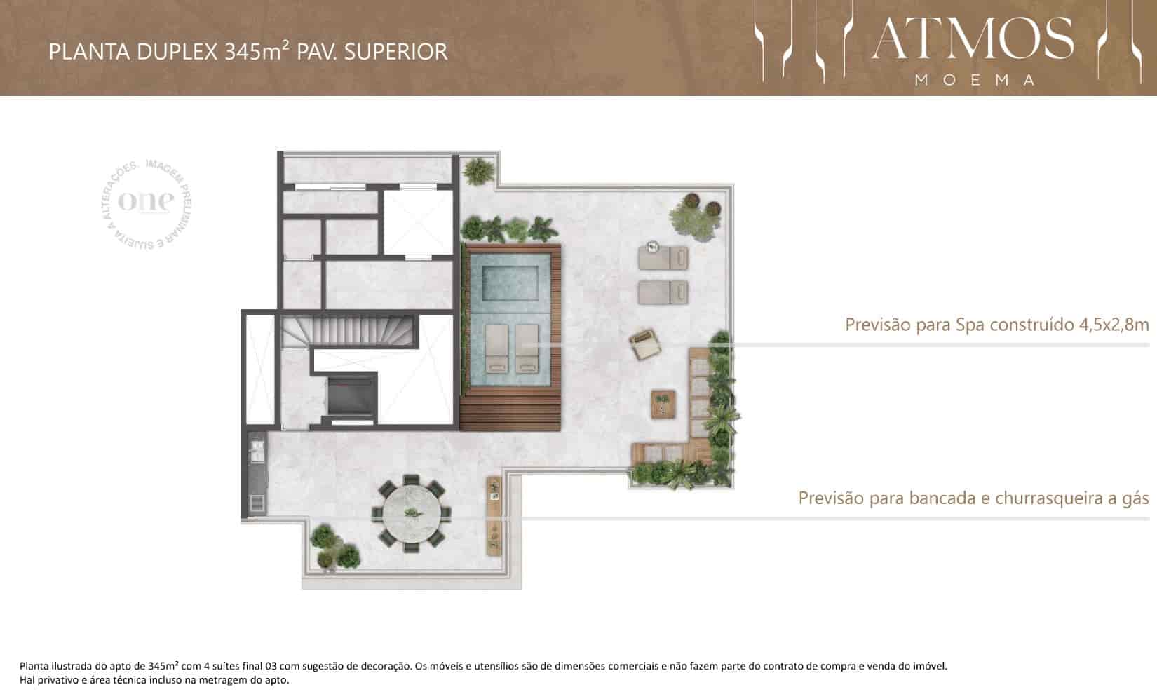 Planta do pavimento superior do duplex de 345m² no Atmos Moema com infraestrutura para instalação de churrasqueira e jacuzzi ou spa de 4,5mx2,8m.
