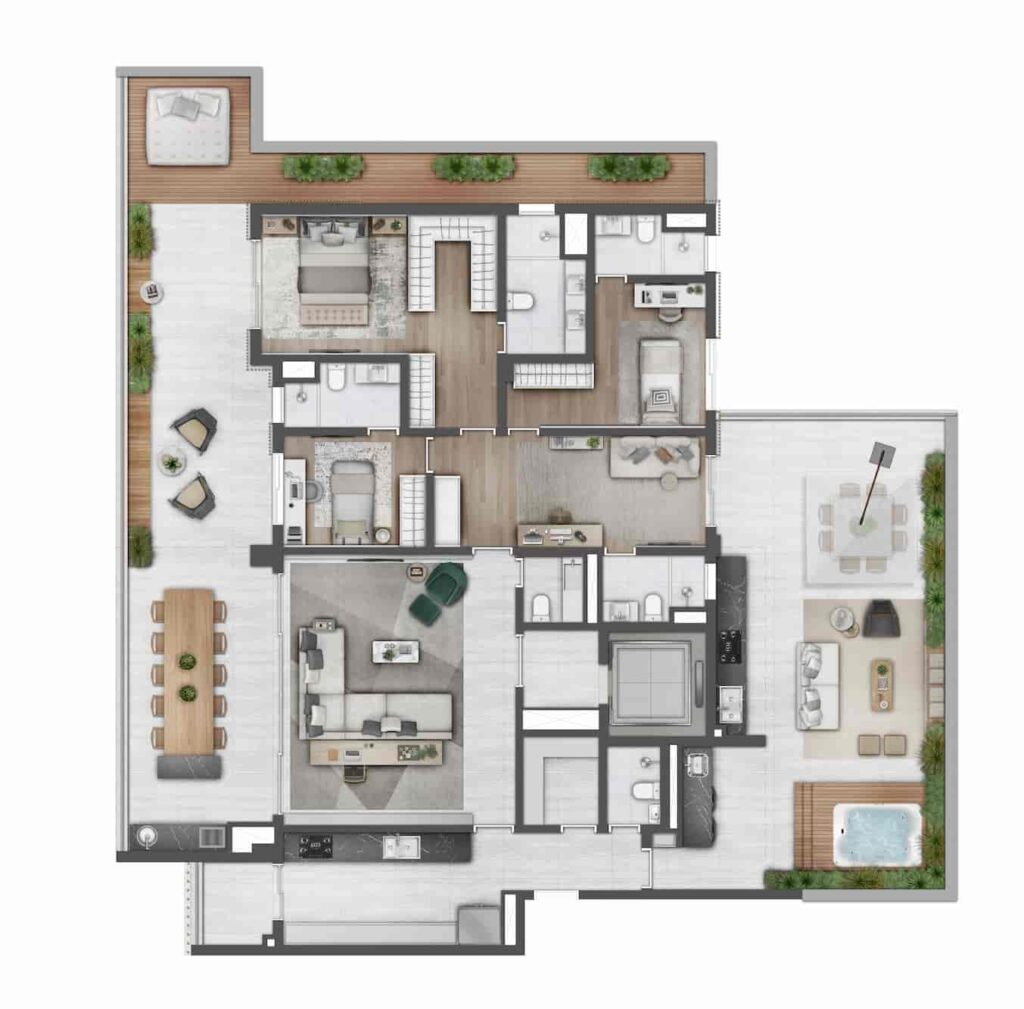 Planta do apartamento tipo garden de 288m² com varanda ampliada e quintal de fundo gourmet e com infra estrutura para mini spa
