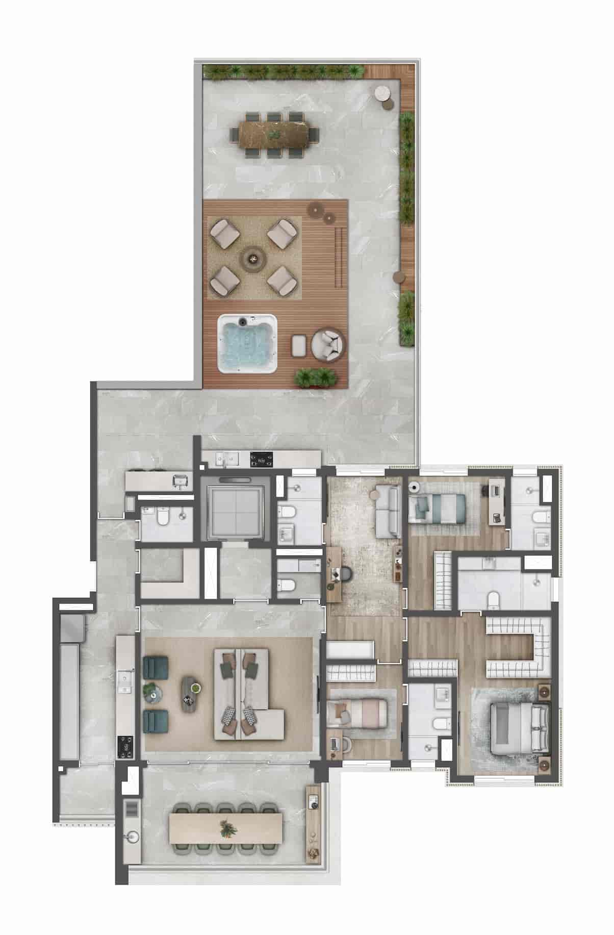 Planta do apartamento tipo garden de 292m² com varanda na frente e quintal de fundo gourmet de 102m² com infra estrutura para mini spa