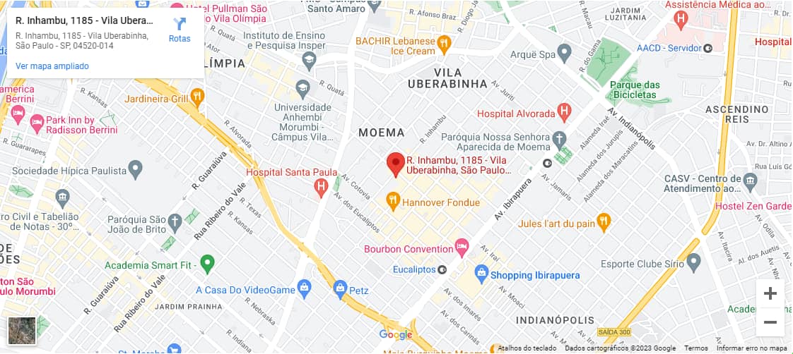 Mapa da localização do Atmos Moema no lado Pássaros na Rua Inhambu 1185, perto do metrô e rodeado de comércio e serviços de alta qualidade